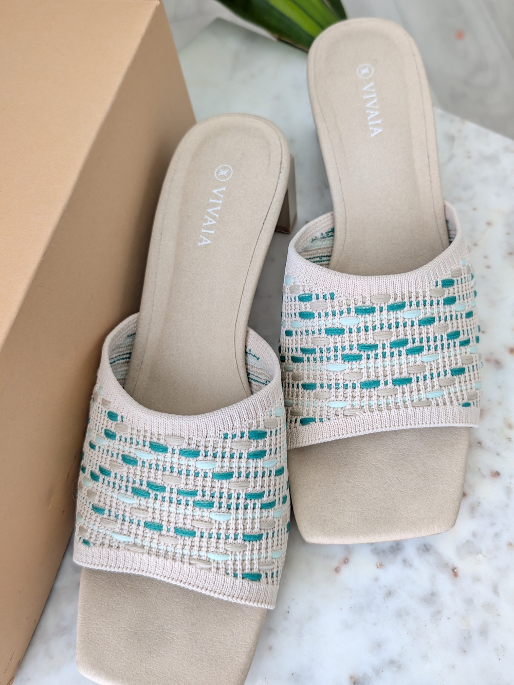 Beige & Green Woven VIVAIA Slide Sandals, Size‎ 9